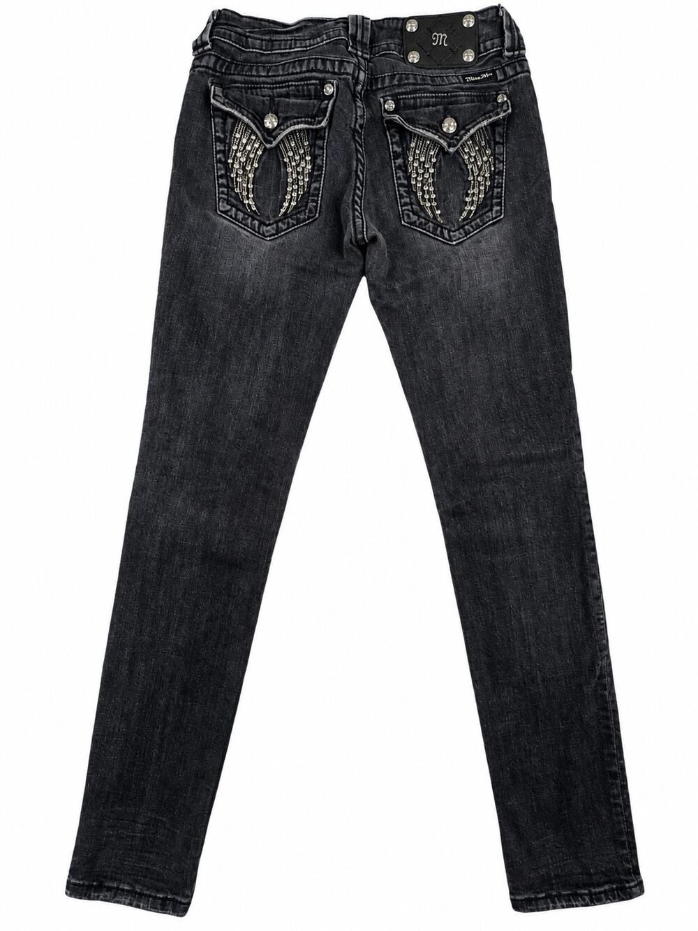 Y2K Miss Me Jeans Womens 29 Black Skinny Rhinestone Angel Wing Flap Pockets